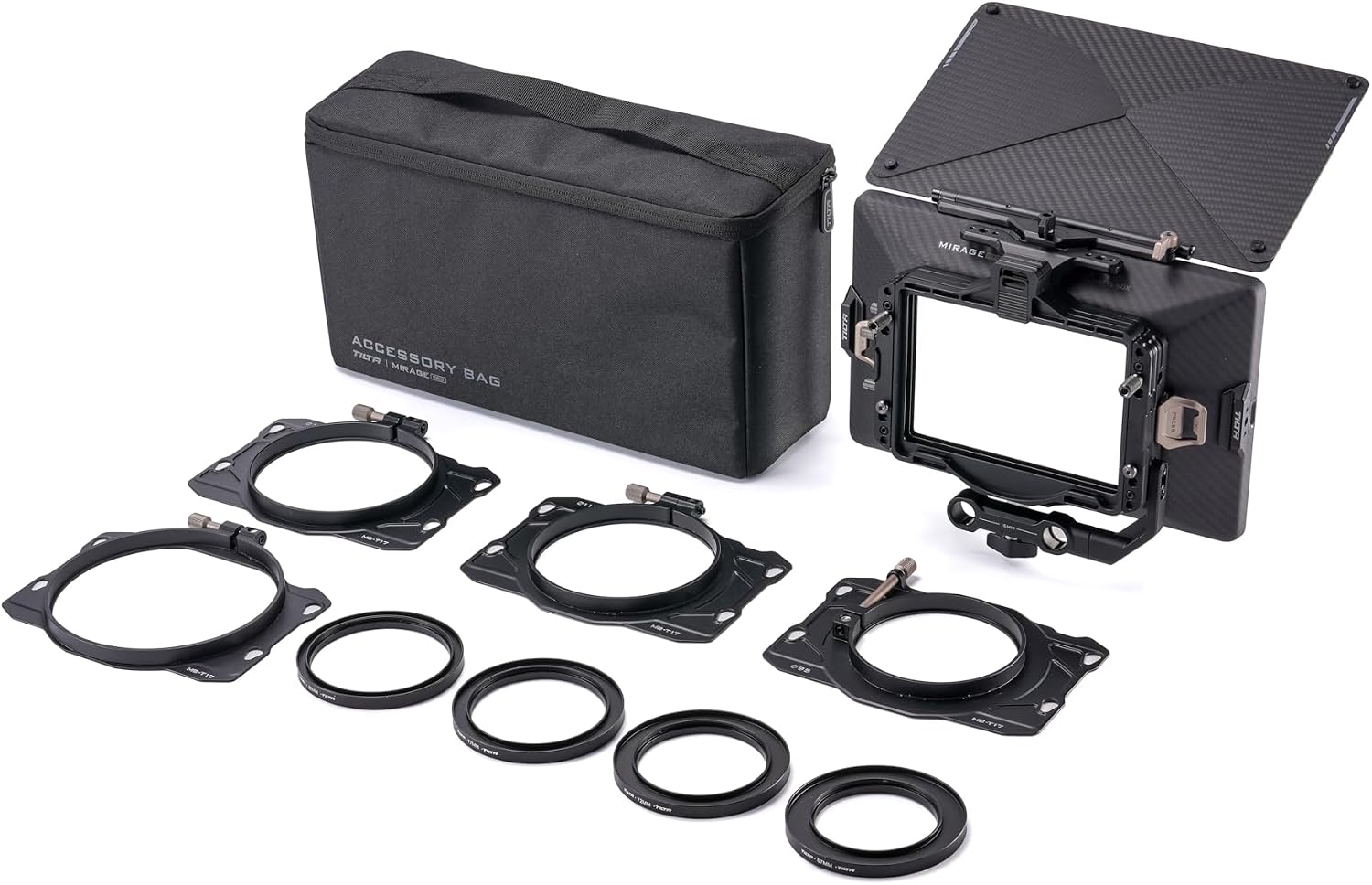 Tilta Mirage Pro Matte Box Base Kit | Carbon Fiber Hood & Top Flag | Use up to 3 4x5.65 Filters | 67, 72, 77, 82, 95, 110 & 136mm Lens Front Adapters | 15mm LWS Mounting Bracket | Carrying Case