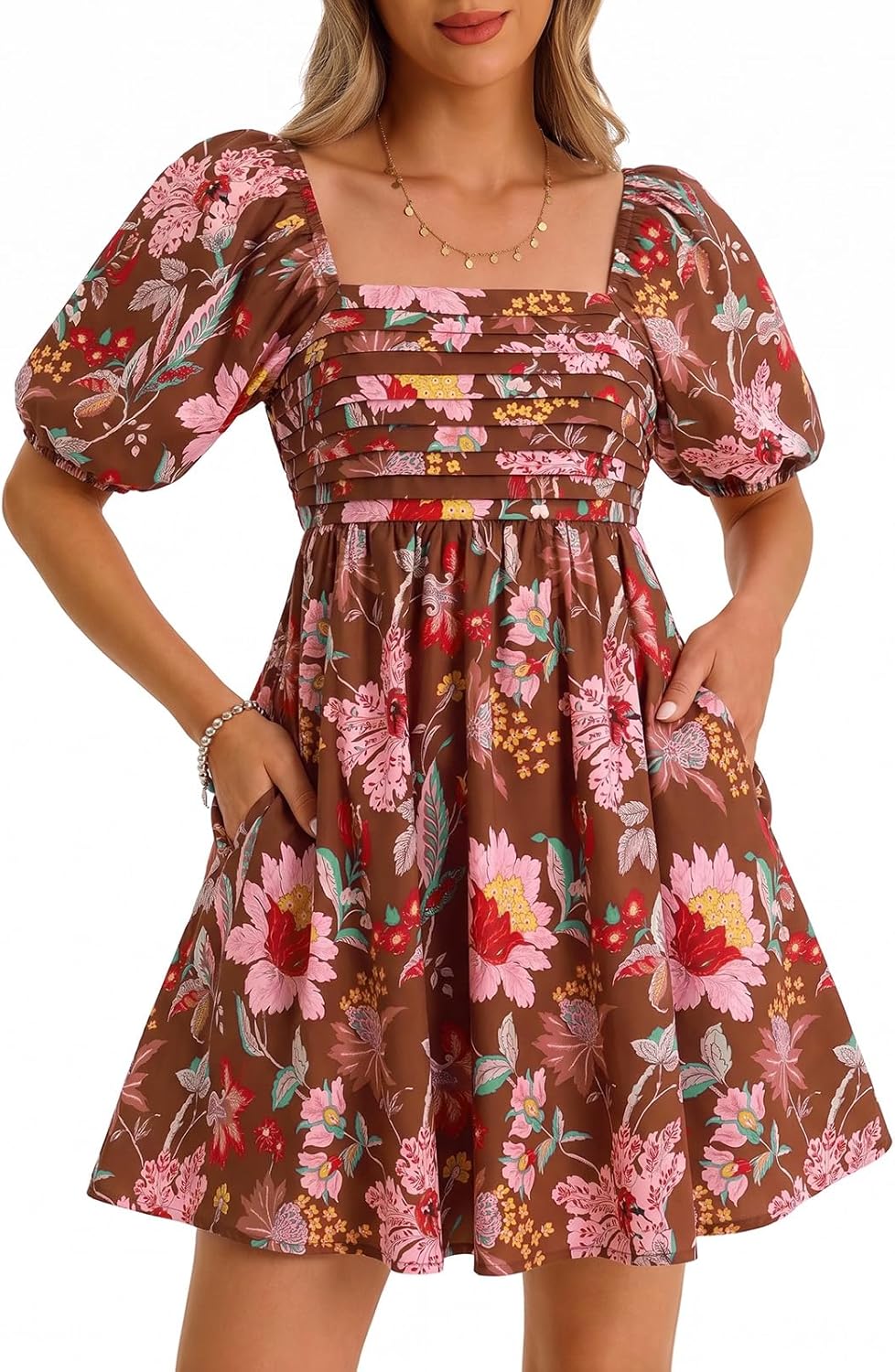 Wenrine Womens Summer Square Neck Mini Dresses Casual Floral Puff Short Sleeve Smocked High Waisted A-Line Babydoll Dress