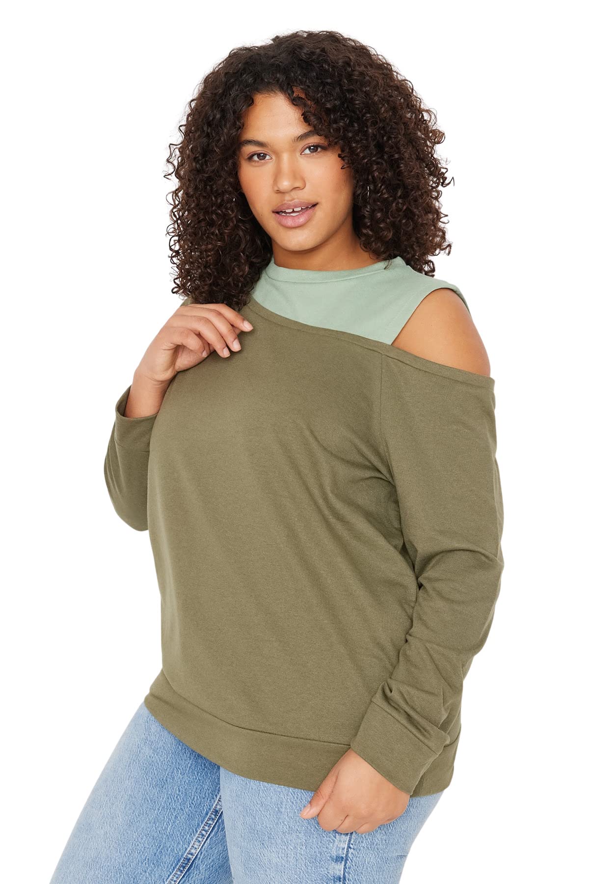 Trendyol Women Plus Size Regular fit Basic Crew neck Knit Plus Size Sweatshirt,Khaki,3XL