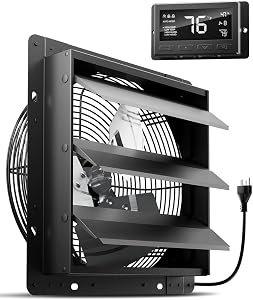 12 Inch Attic Fan with Thermostat, HG Power 971 CFM Shutter Exhaust Fan with Smart Temperature Humidity Controller, Wall Mounted Greenhouse Fan with EC Motor for Garage, Shed Ventilation, Black