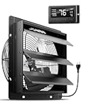 HG Power 12 Inch Attic Fan with Thermostat, 971 CFM Shutter Exhaust Fan with Smart Temperature Humidity Controller, Wall Mounted Greenhouse Fan with EC Motor for Garage, Shed Ventilation, Black