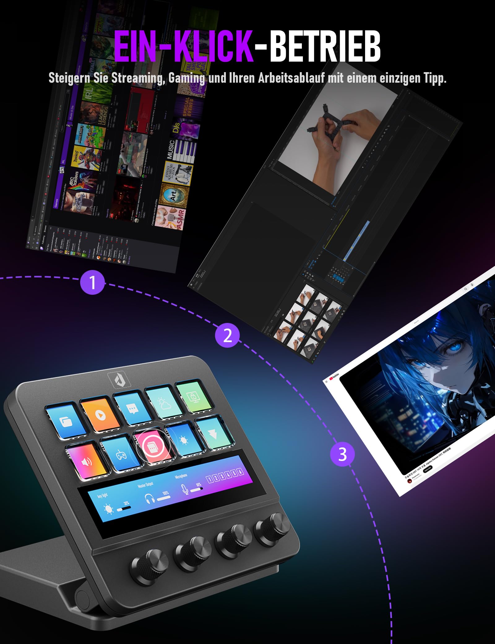 upHere Stream-Controller Makro-Pad Stream-Console–10 programmierbare LCD-Tasten & 4 Knöpfe,Touch Strip,USB MIDI Tastatur für Content-Creator,Gamer & Fachkräfte,kompatibel mit PC,Mac,CMN4EK