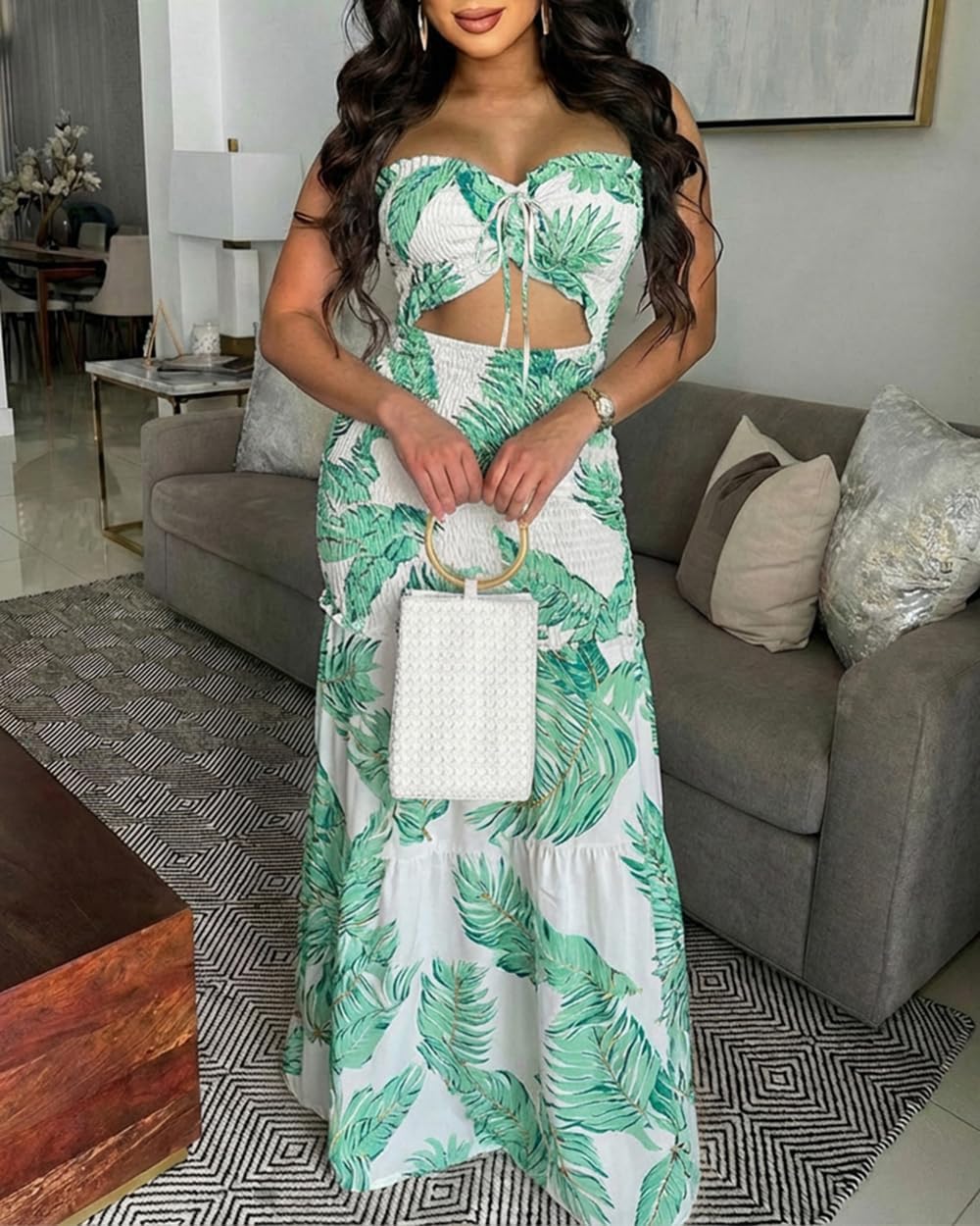 CHICME Floral Printed Prom Dress Tie Ruched Shirred Bandeau Party Dress Slim Fit Ruffle Hem Vacation Dresses - Image 4