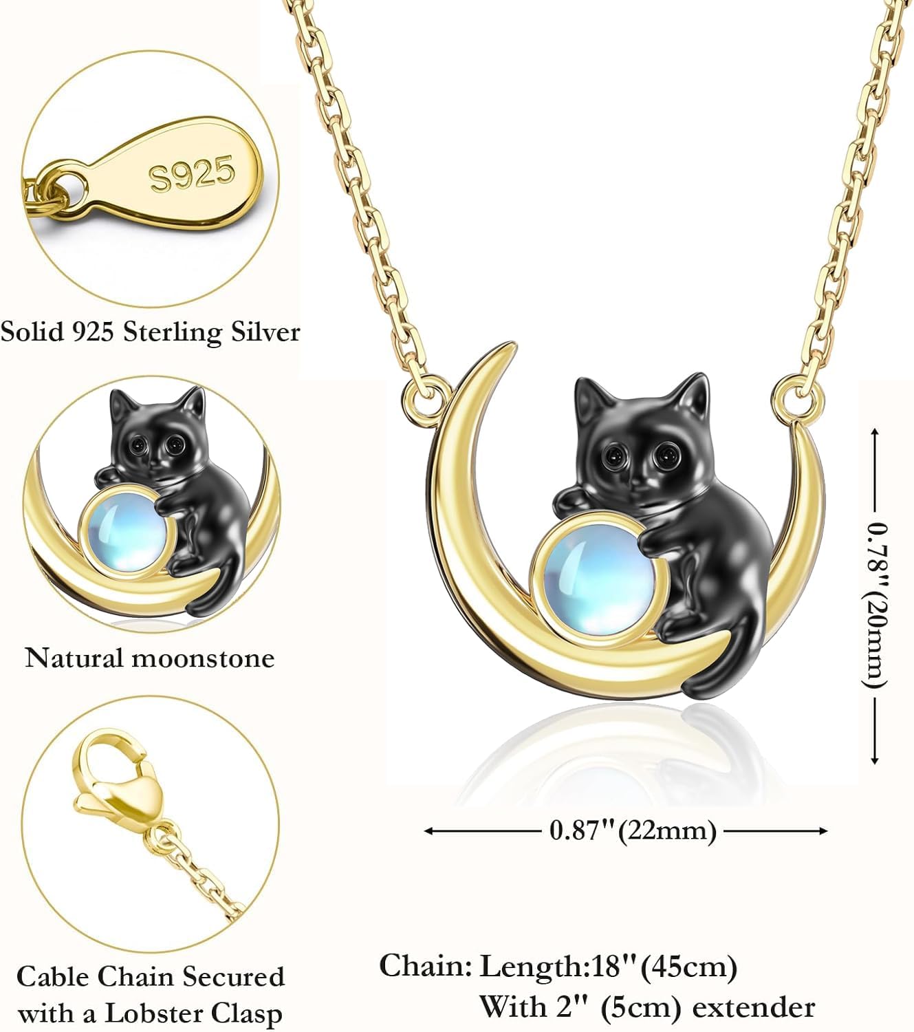 Black Cat Moon Necklace with Nature Moonstone Crescent Cat Pendant Necklace Jewelry Kitten Cats Lover Gift for Women Birthday Christmas - Image 6