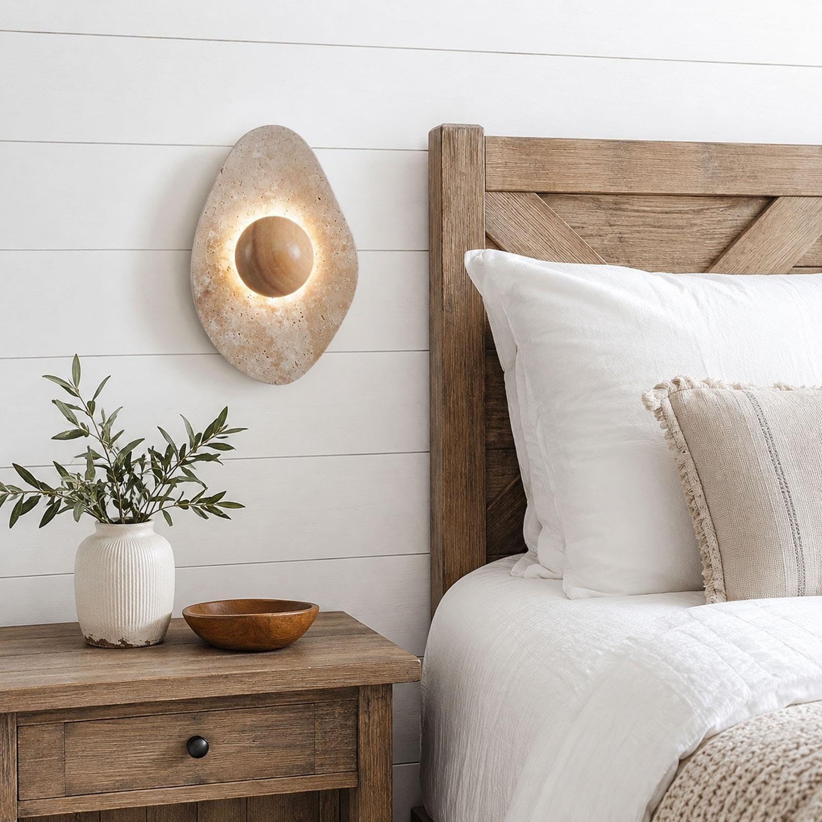 7W LED lampada muro pietra naturale, centro legno massello