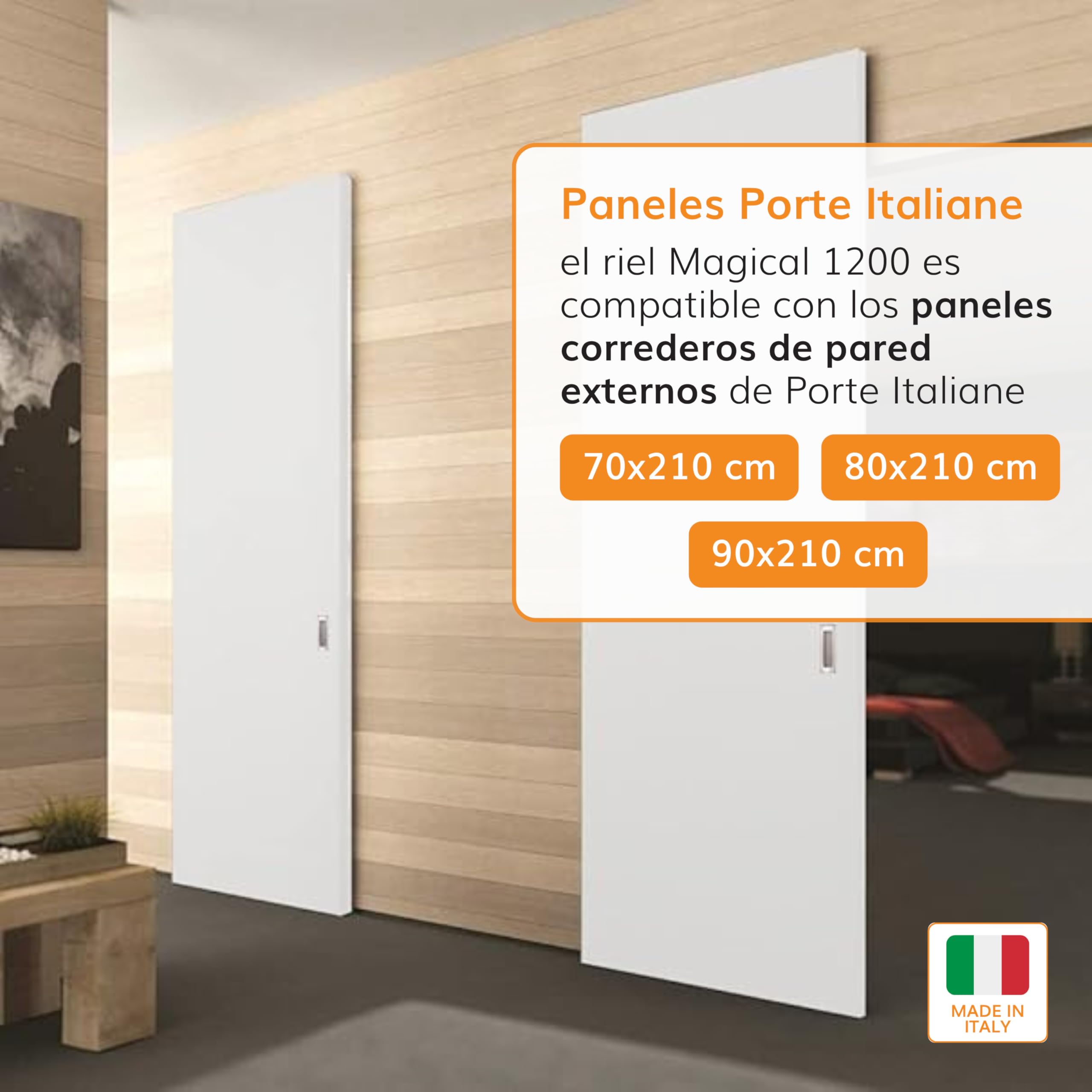 Porte Italiane, Riel Puerta Corredera Invisible MAGICAL 1200 Carga 80 kg, para Puerta Corredera Exterior de Pared en Madera Ancho de 80 cm a 120 cm, Kit con Mecanismo, Accesorios y Guía