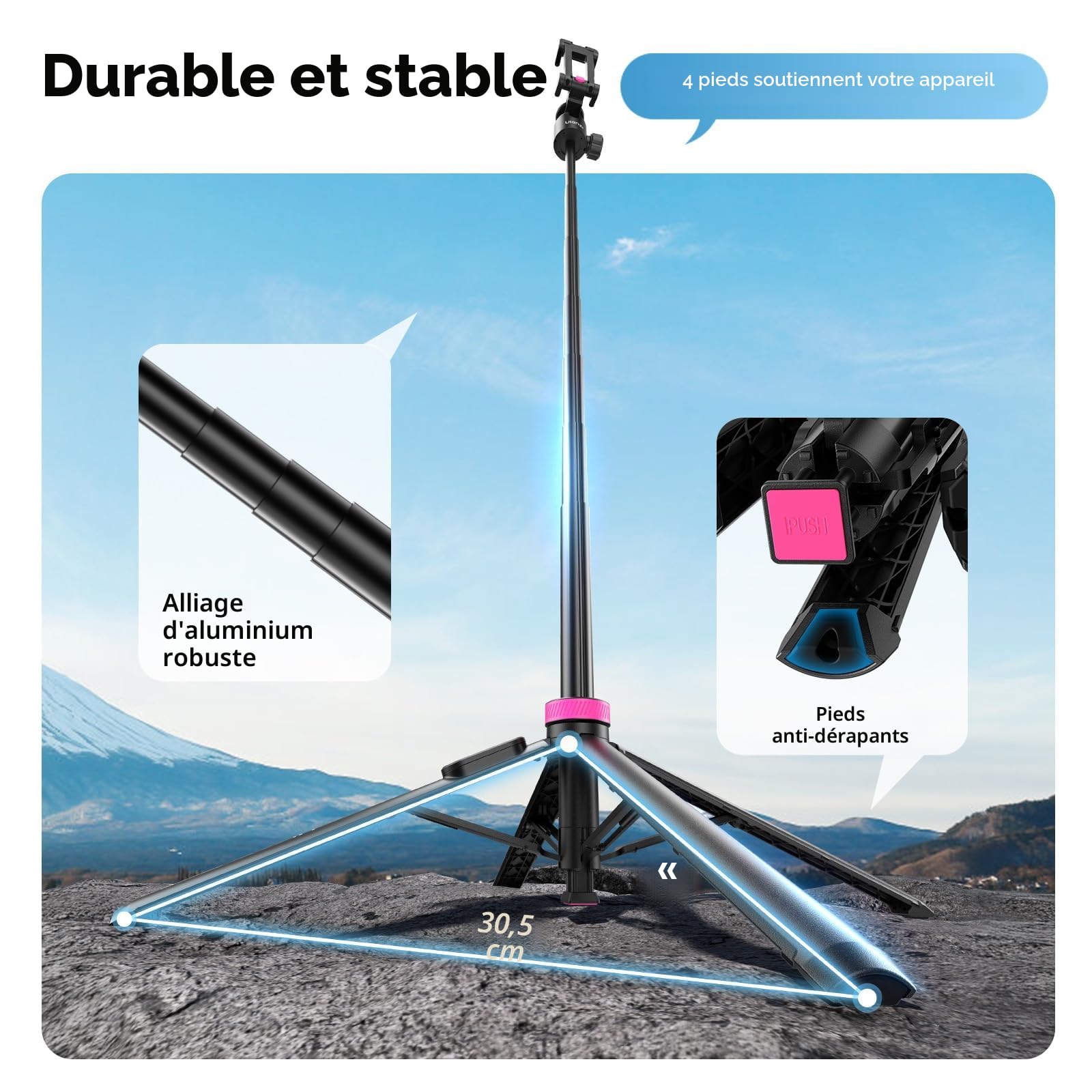ULANZI MT-44 B Trépied Quadruple Double Support à Ouverture Automatique, Perche à Selfie 150cm avec Télécommande, Rotule 360°, Filetage 1/4", Compatible avec iPhone Samsung Caméra DSLR