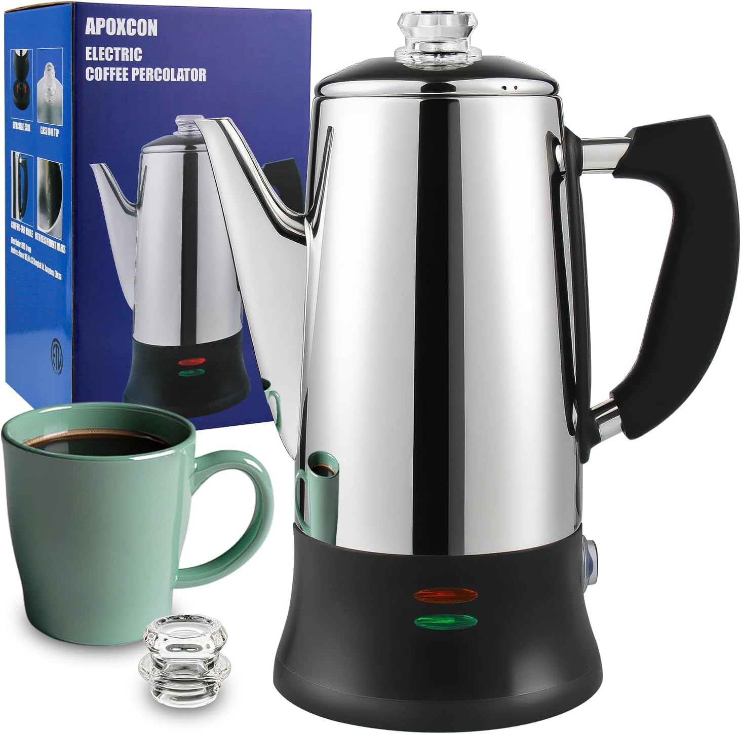 Electric Coffee Percolator Stainless Steel Coffee Maker with Heat Resistant Tough Glass Clear Brew Progress Knob, Classic Coffee Pot with Keep Warm Cordless Serve Cool Touch Handle 12 Cup