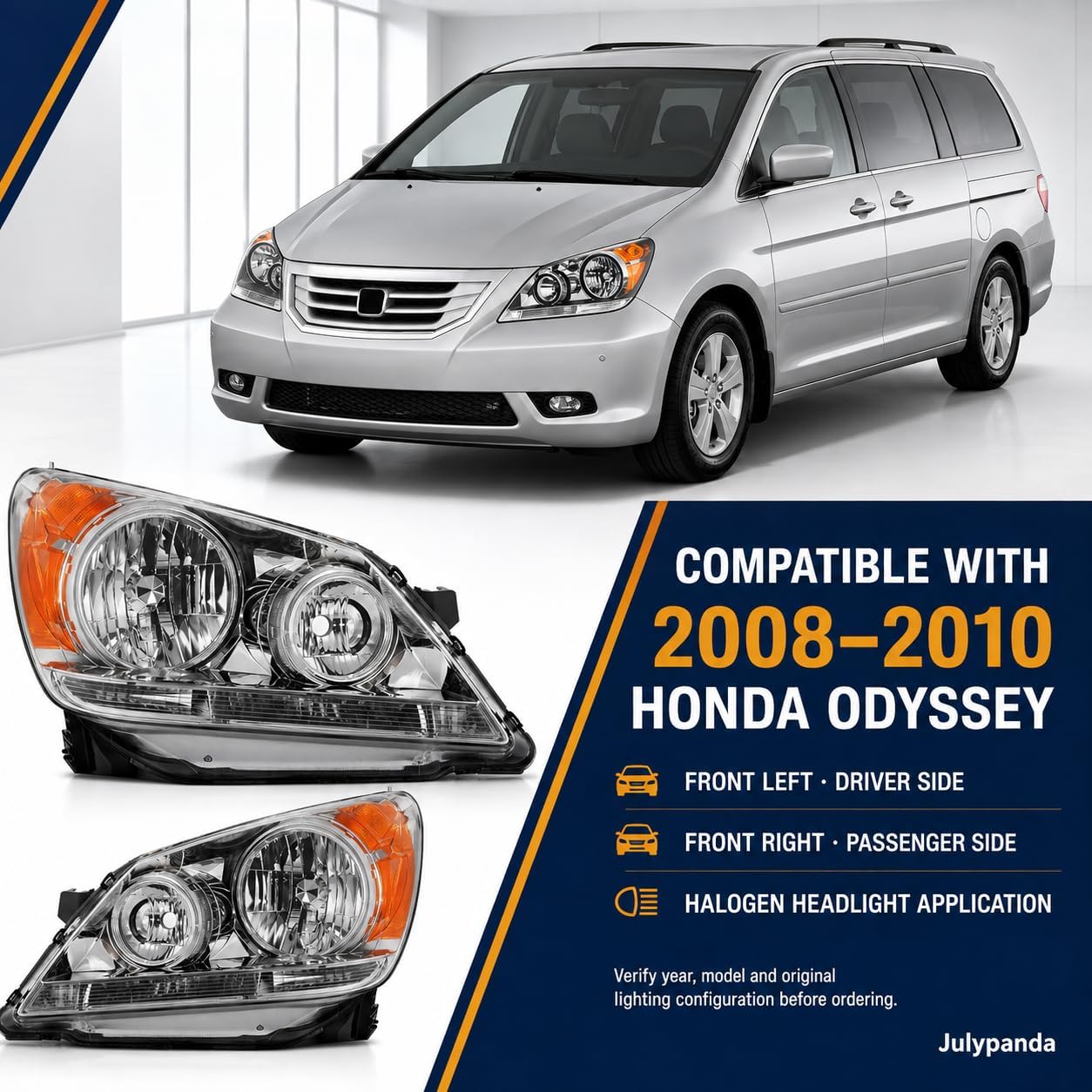 Headlight Assembly Pair for 2008-2010 Honda Odyssey, Halogen Headlamp Replacement, Chrome Housing Amber Reflector, Driver and Passenger Side, Bulbs Not Included