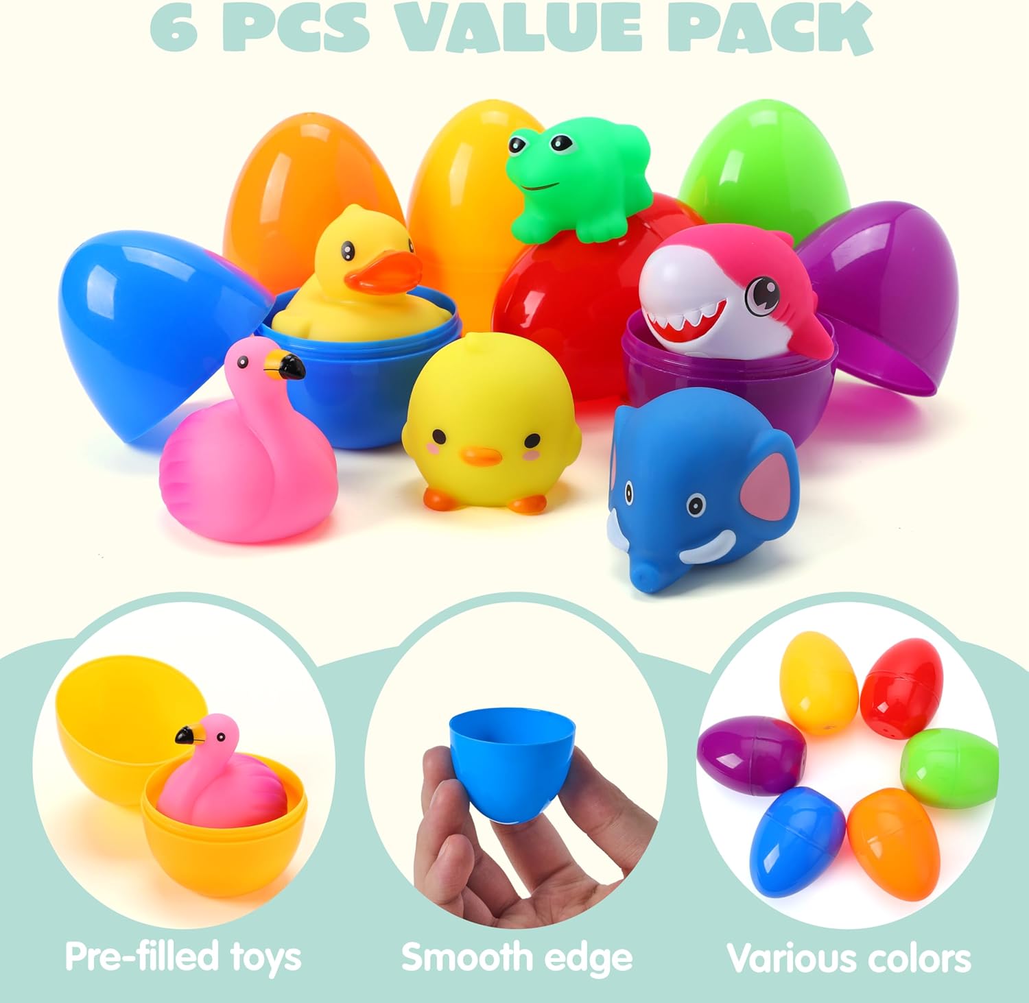 JOYIN 6 Pcs Prefilled Easter Eggs with Floating Animal Light-up Bath Toys, Luminous Bathtub Toys for Kids Easter Eggs Hunt, Toddler Party Favor, Basket Stuffers Filler, Classroom Prize Supplies