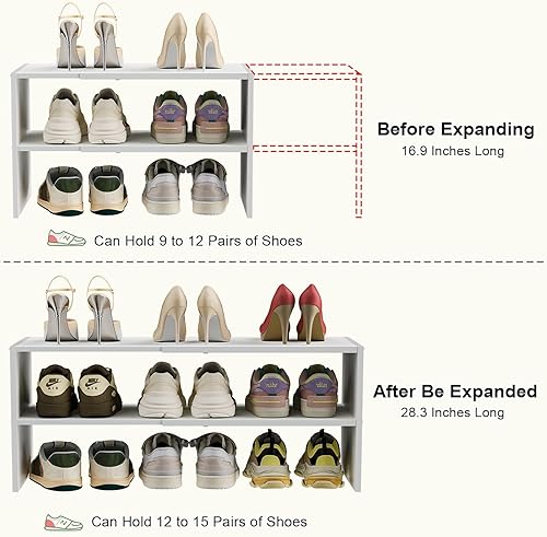 Miniatura 7 de Paquete de 2 zapateros blancos para armario, estante pequeño expandible de 2 niveles, organizador de zapatos apilable de madera de hierro, estantes
