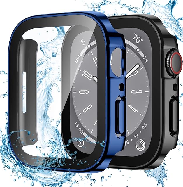 Dirrelo 2-pak etui kompatybilne z Apple Watch serii 8 serii 7 45 mm z osłoną ekranu ze szkła hartowanego, wodoodporne, twarde PC, prosta krawędź, wysoka czułość etui ochronne do iWatch, czarne + niebieskie
