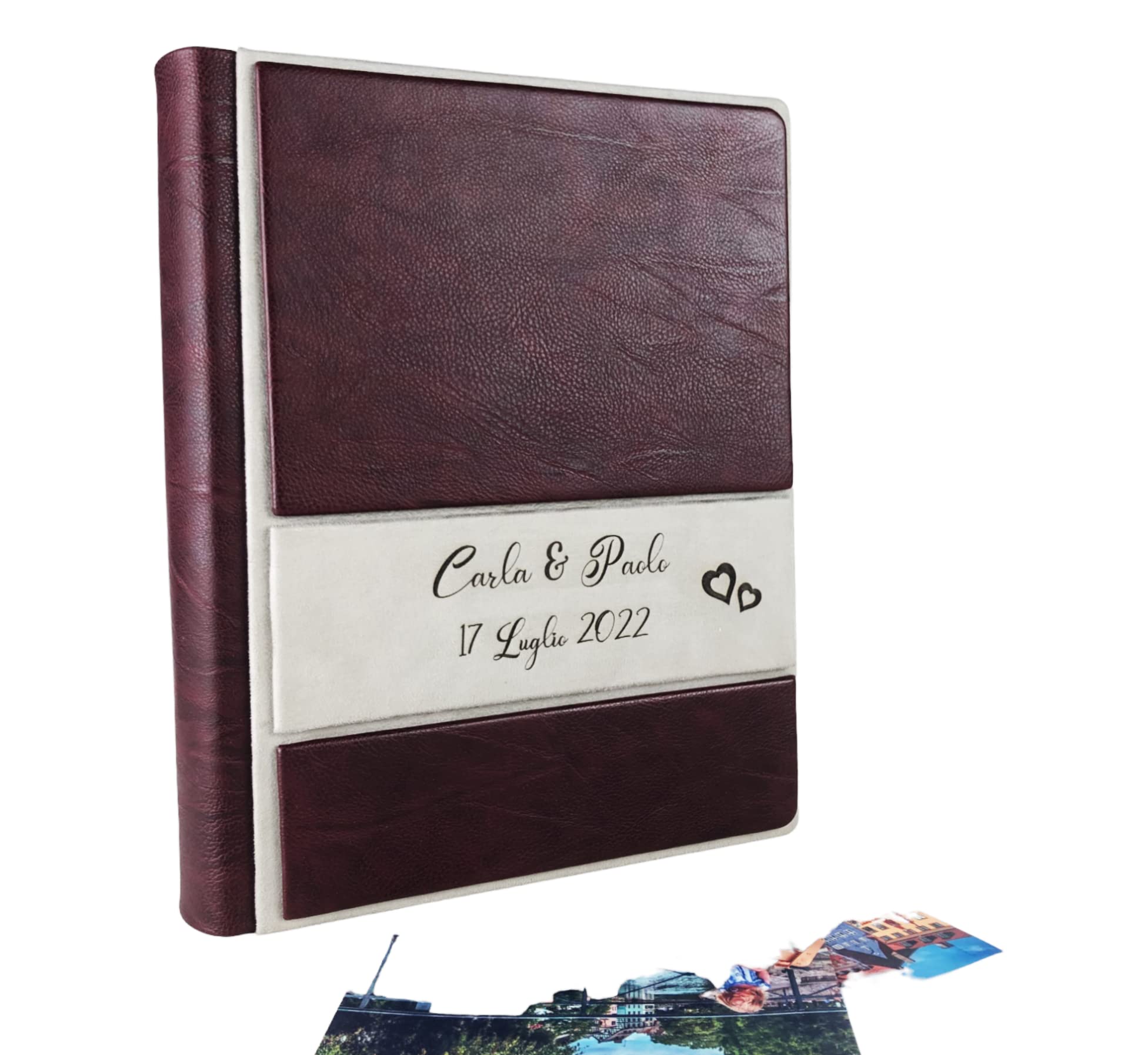 TriVin Art Album Fotografico Artigianale in Alcantara e Similpelle, Personalizzabile con Incisione. Ideale per Qualsiasi Evento. (bordò/Sabbia)