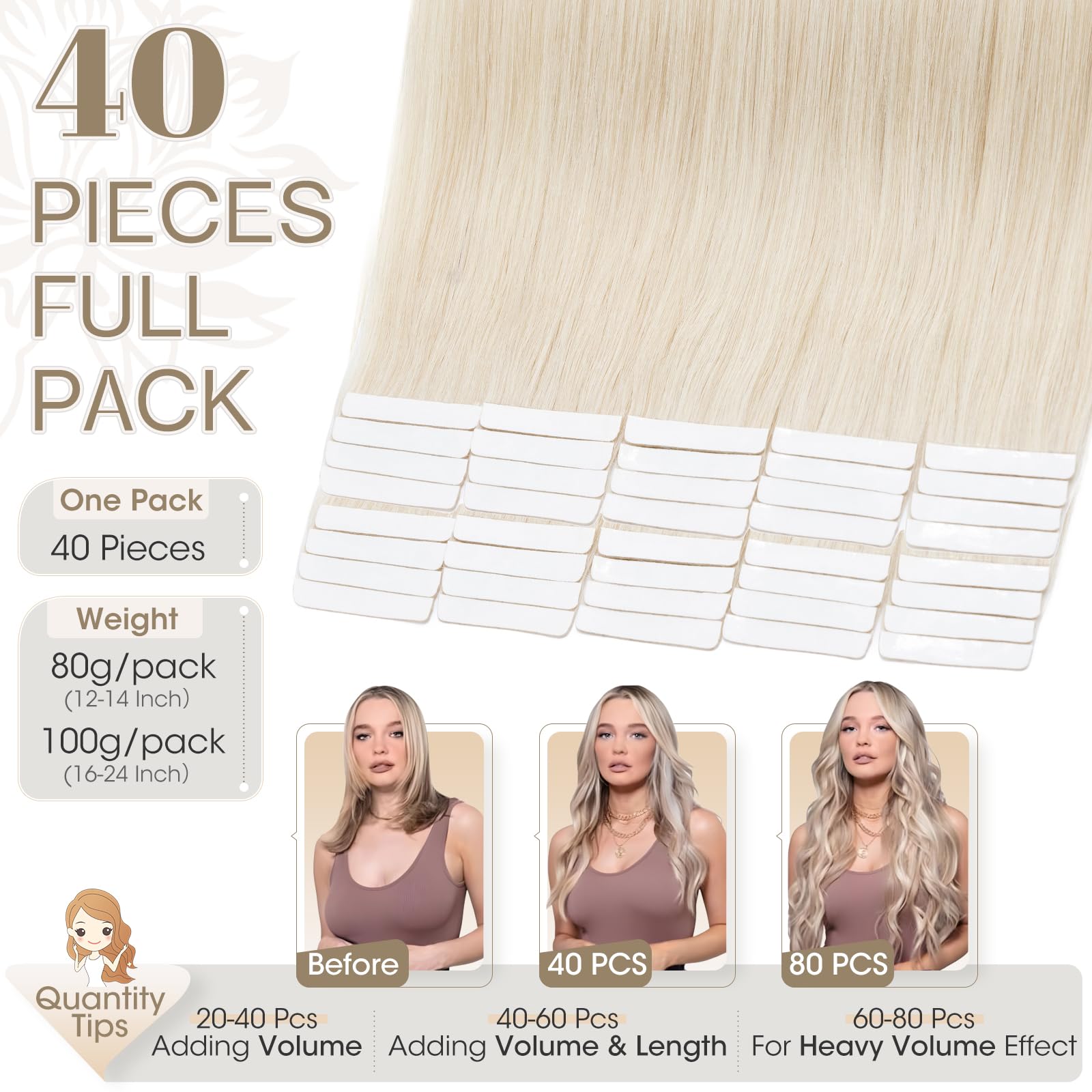 Elailite Tape in Hair Extensions 40 Pcs Real Human Hair Blonde - Image 2