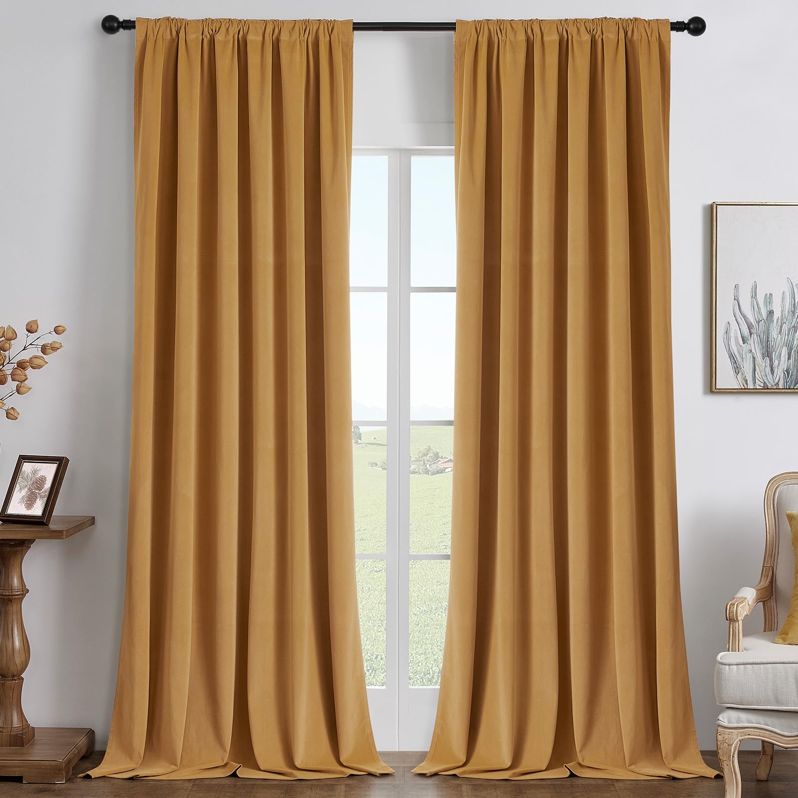 Joydeco Mustard Yellow 100% Blackout Curtains 120 Inch 2 Panels, Luxury Thermal Yellow Velvet Curtains for Bedroom Living Room, Soundproof Blackout