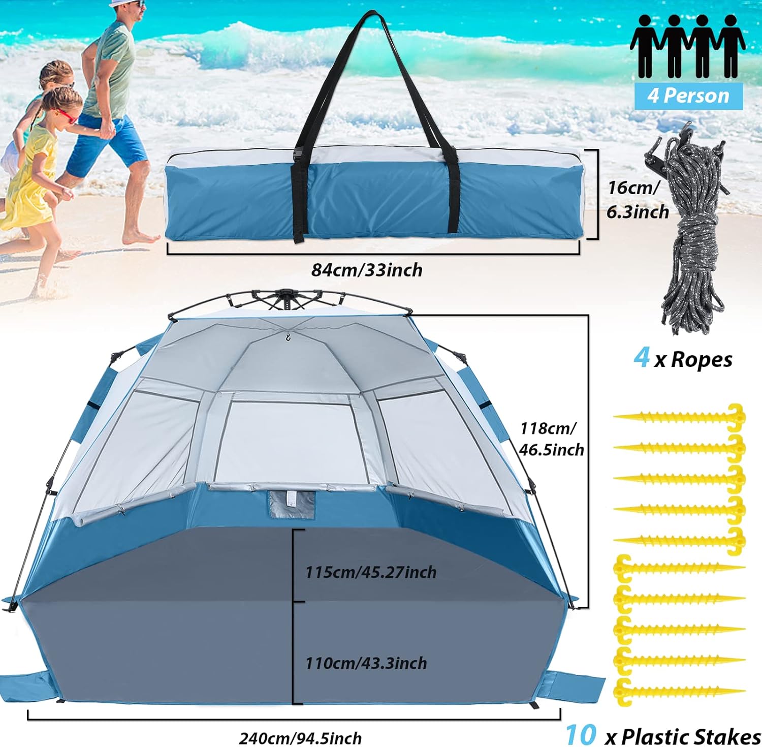Beach Tent Instant Pop up Sun Shade Shelter for 4-6 Person with UV Protection，Extended Floor，3 Mesh Roll Up Windows with Carry Bag, Sandbags, Stakes(Turquoise)