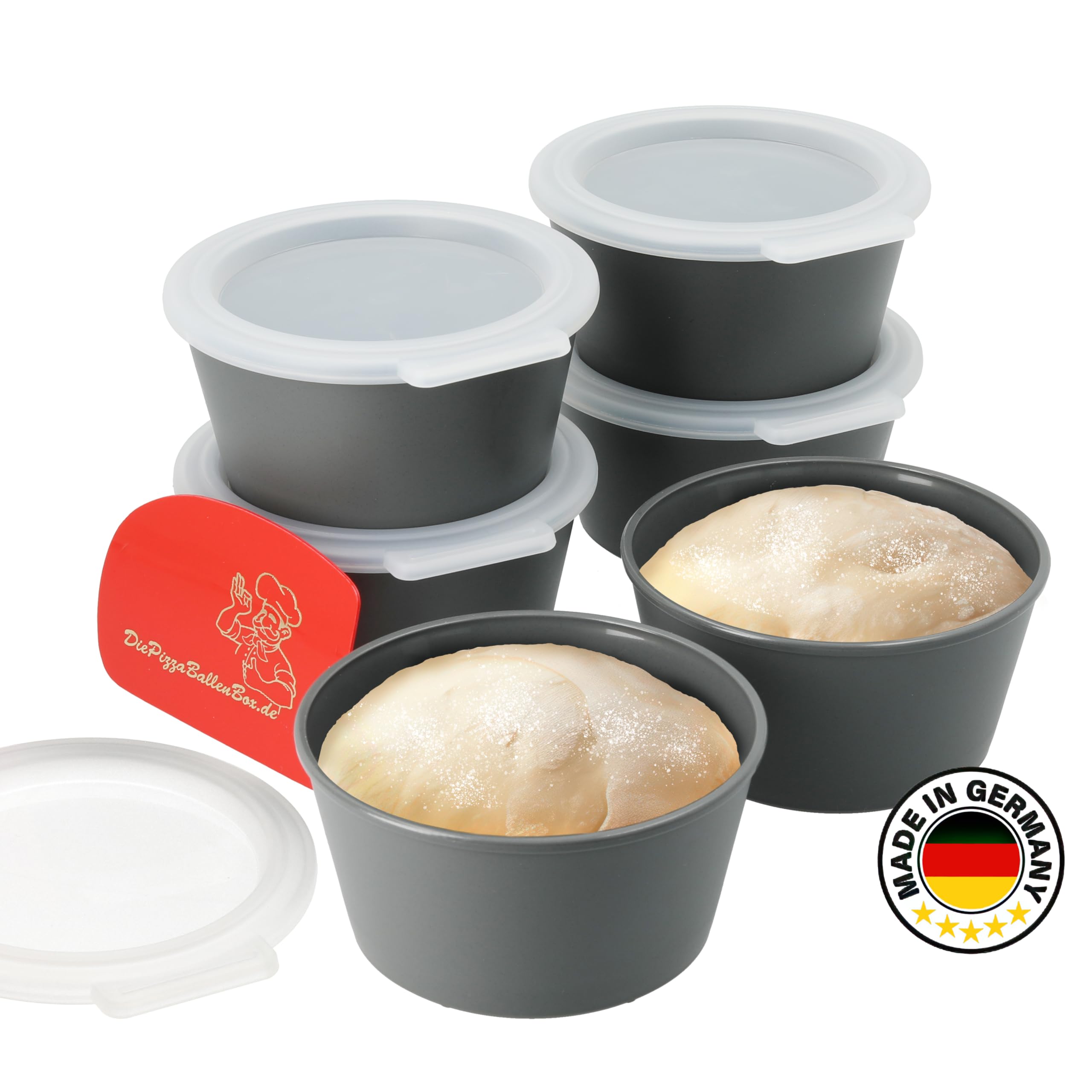Pizzaballenbox 6er-Set – Teigboxen aus recycelbarem Bio-Kunststoff mit Deckel – stapelbare Gärboxen für Pizzateig, Sauerteig und Zutaten – Made in Germany