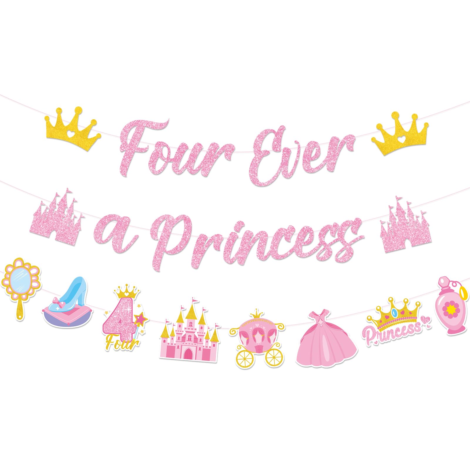 Hokinaa Four Ever A Princess Banner - 3 Pcs Pre-Strung Princess 4th Birthday Party Decorations Glitter Pink Gold Castle Crown Carriage Ceiling Garland
