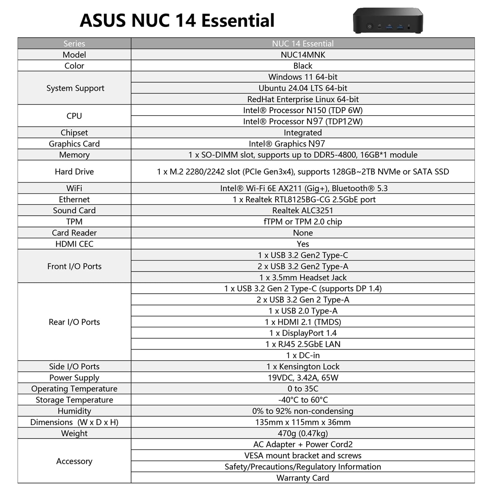 Cutesliving NUC 14 Elite Mini PC compatibile con Intel N97 Quad-Core, 16GB DDR5 RAM, 4K Triple Display, Wi-Fi 6E, design compatto 0.56L per ufficio/digital signage/uso incorporato (Barebone No RAM/SSD