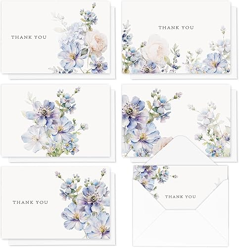 AnyDesign Paquete de 36 tarjetas de agradecimiento florales de acuarela azul polvoriento, tarjetas de felicitación florales con sobres, calcomanías