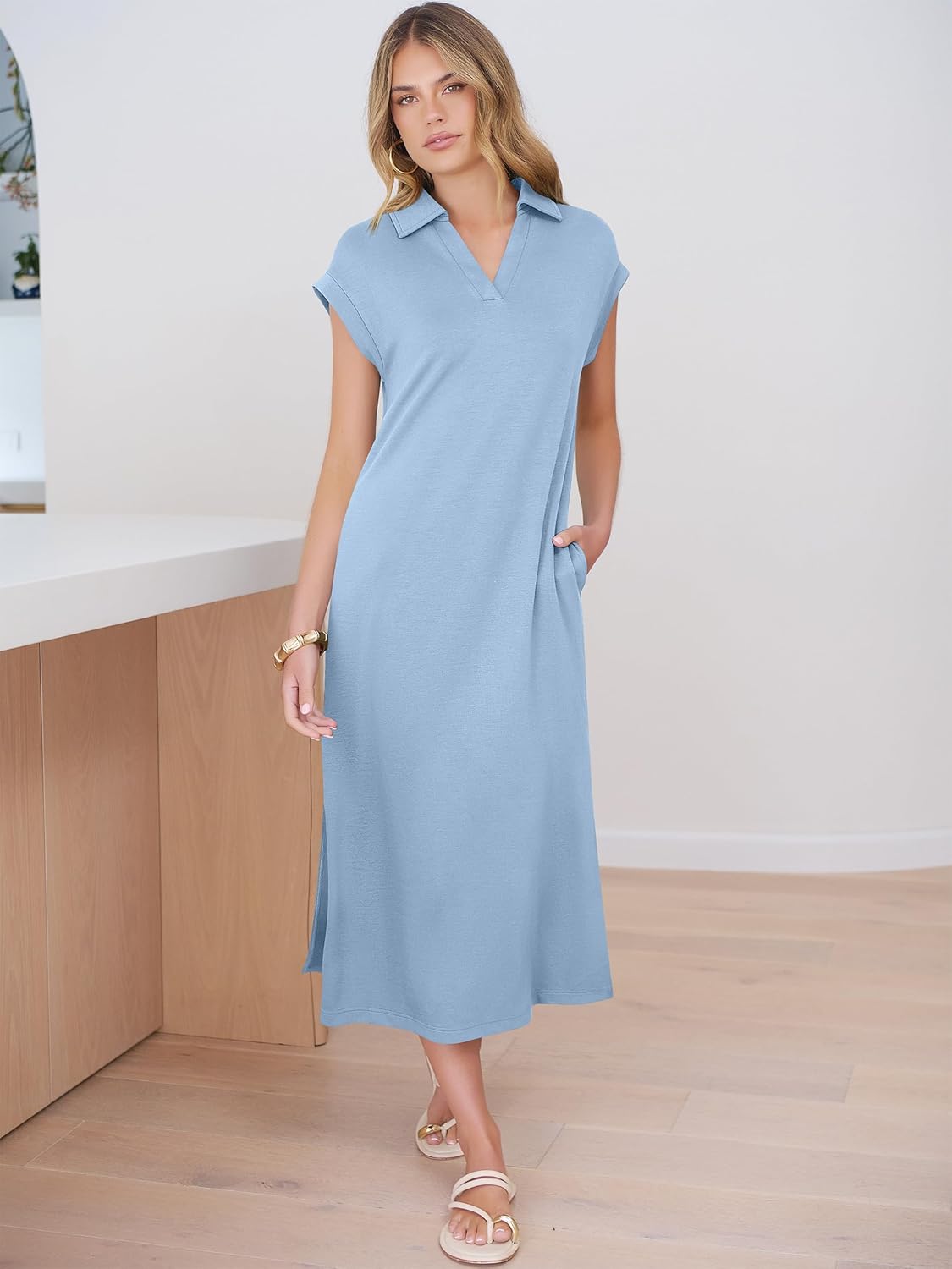 ANRABESS Womens Summer Casual Midi Dresses Short Sleeve Polo V Neck Loose Split Wrinkle-Free Beach Vacation Tshirt Maxi Dress - Image 6