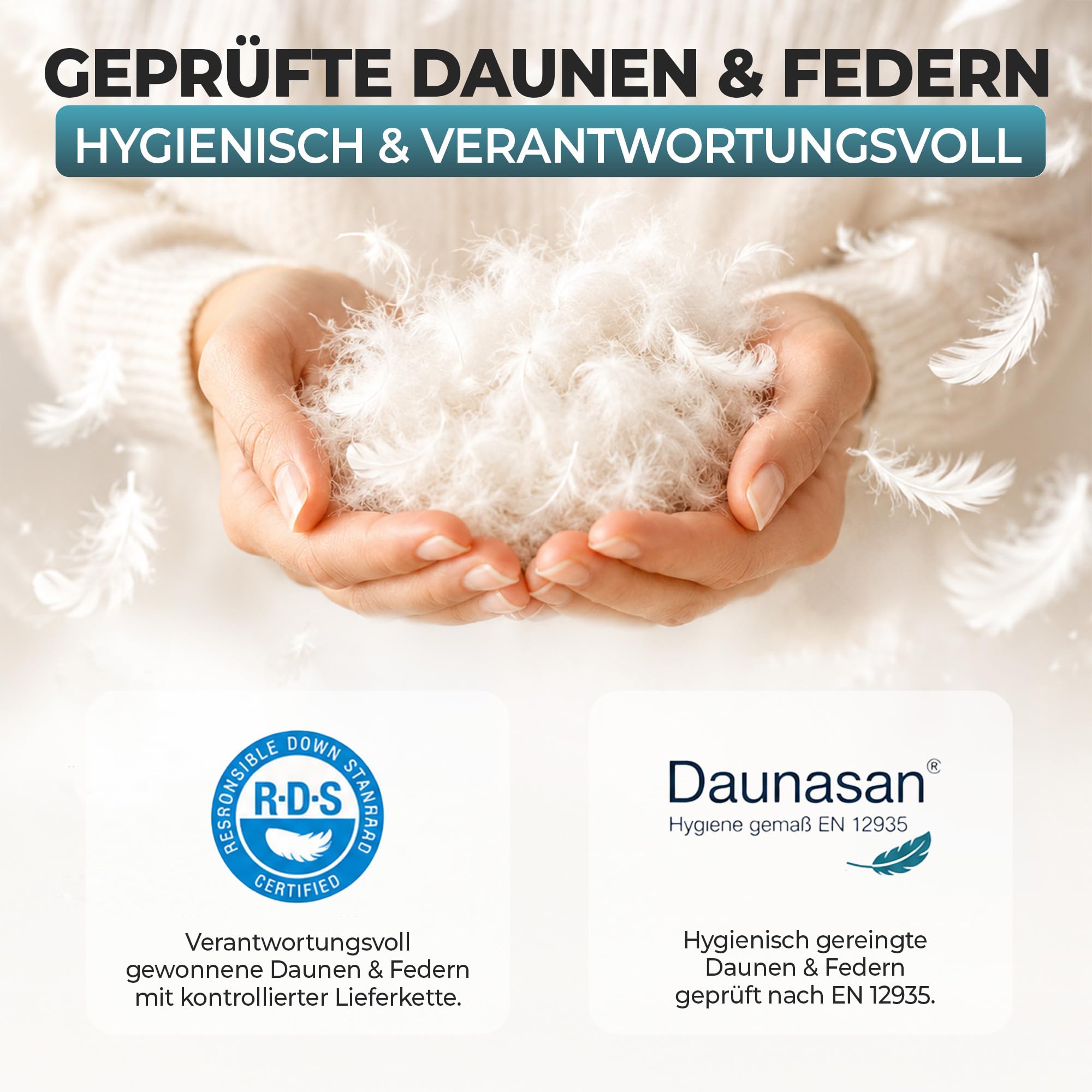 Daunenkissen 80x80 – 3-Kammer, Fest 1700g | Federkissen 100% Daunen & Federn, 100% Baumwollbezug, Oeko-Tex geprüft, allergikerfreundlich, DE-zertifiziert – 80x80, 1700g