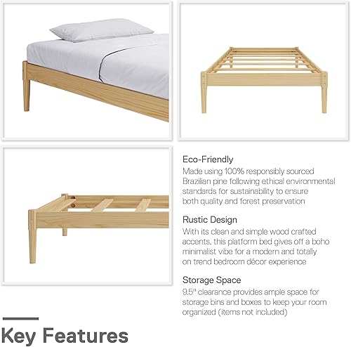 Miniatura 5 de DHP Lorriana - Marco de cama con plataforma de madera maciza de pino de 14 pulgadas, tamaño individual, color natural