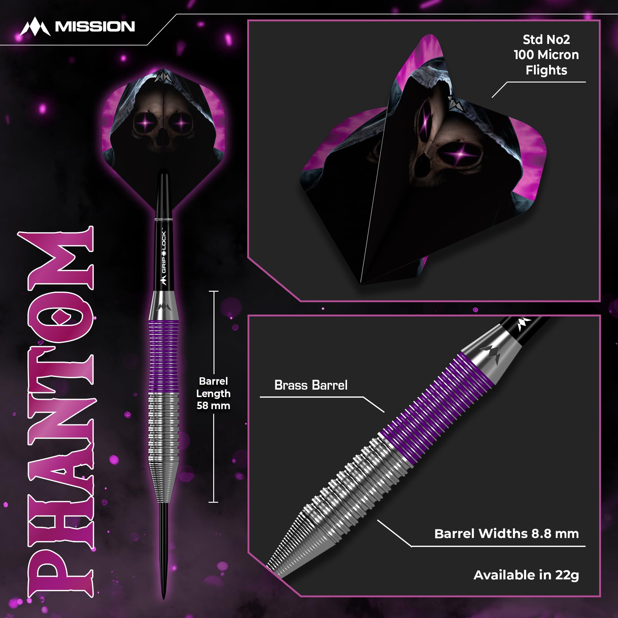 Mission Darts | Rzutki Phantom | Srebrne i fioletowe | Mosiężna tuleja | Zestaw rzutków ze stalową końcówką | 22g.