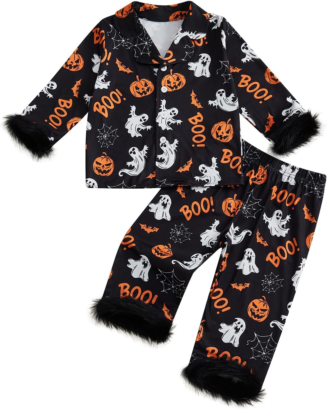Kavousa Toddler Baby Boy Girl Halloween Pajamas Feather Pumpkin/Skull Long Sleeve Button Shirt Pants Silk Pjs Set Nightgown