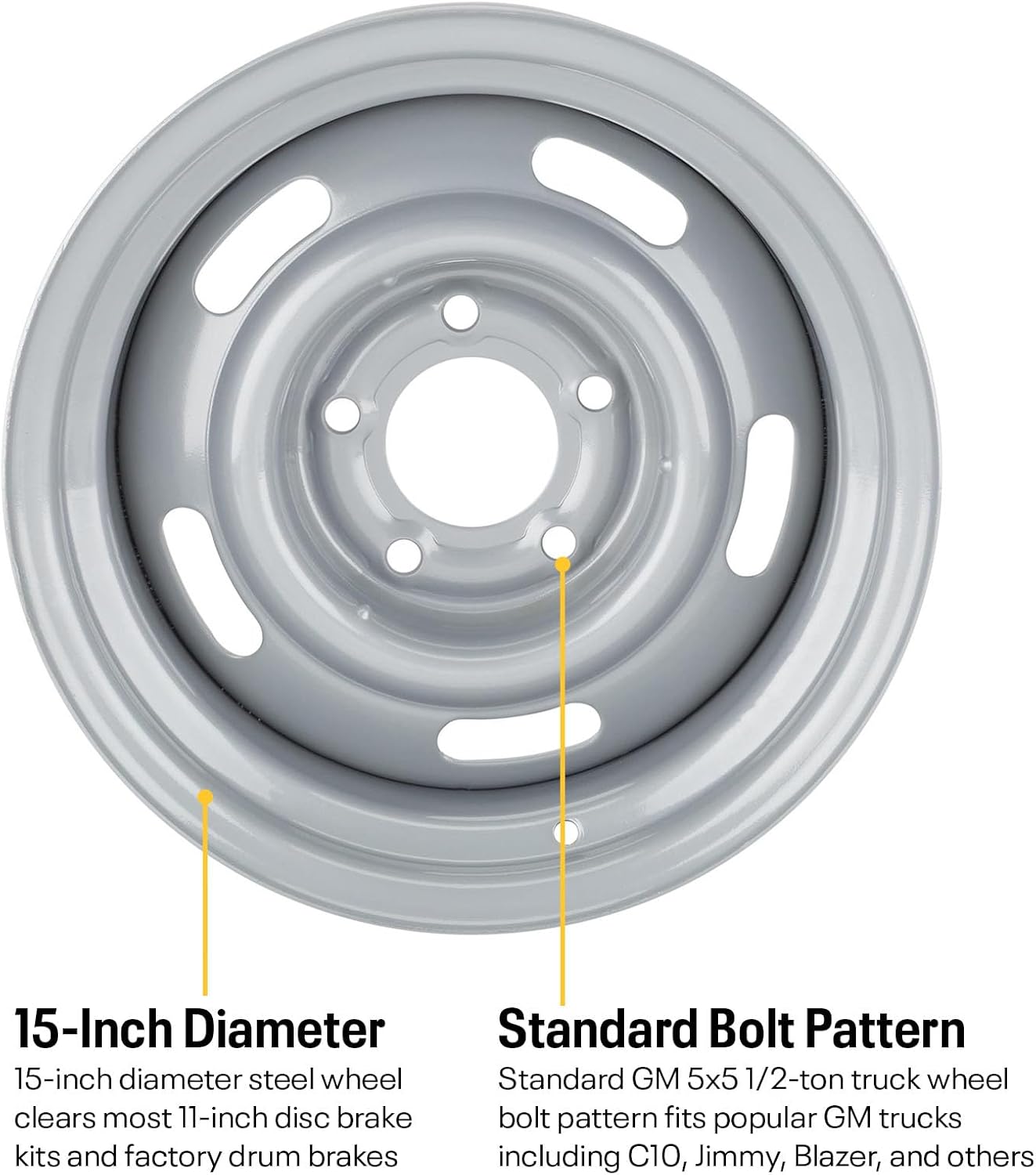 Speedway Motors Steel GM-Style 15” x 7” Silver Rally Truck Wheel, 4.25” Wheel Backspacing, 5 on 5 Direct-Fit Bolt pattern, Rear-Wheel Drive Vehicle Only