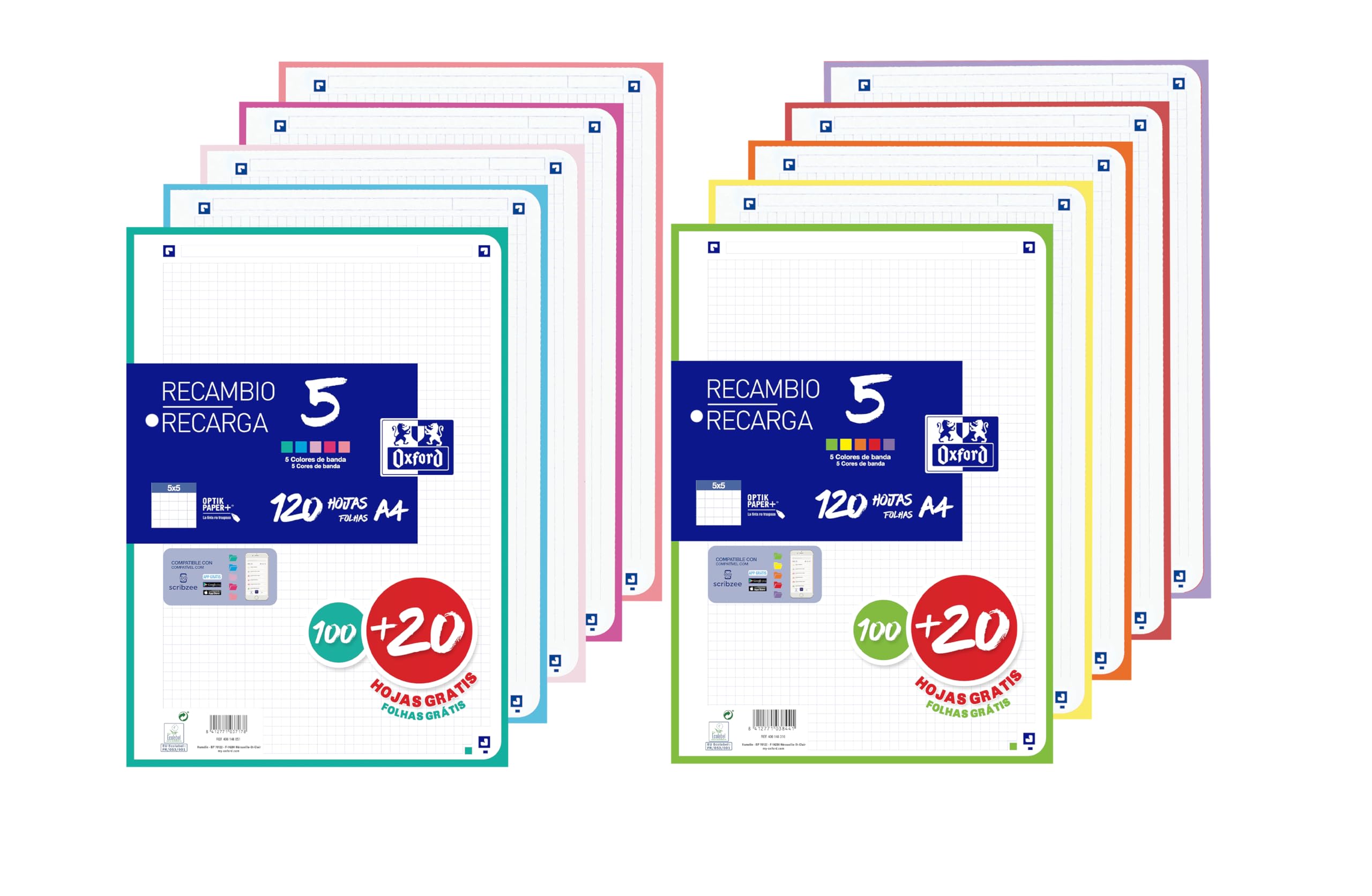 Oxford - A4 Squared Sheets, Pack of 2 Refills, 200+40 Sheets 5x5 Grid, Bands 5 Pastel and 5 Vivid Colors