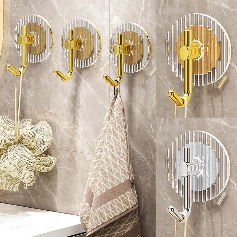 Image of Self Adhesive Golden Wall Hook Hanger with Magic Stiker Acrylic Transparent Adhesive Hooks for Wall-Set of 5pcs (Golden Hook-5)