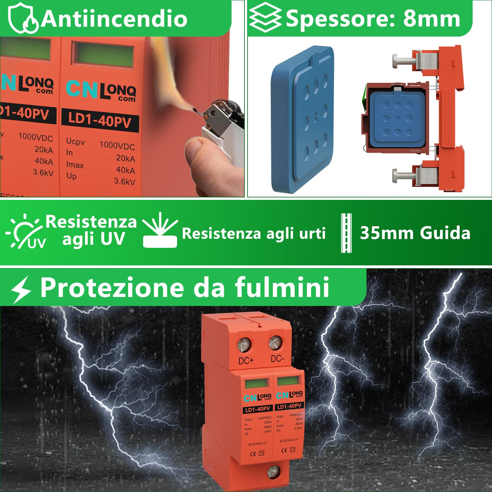 Scaricatore di Sovratensione DC1000V 20kA~40kA 2P Fotovoltaico Protezione Contro Sovratensioni