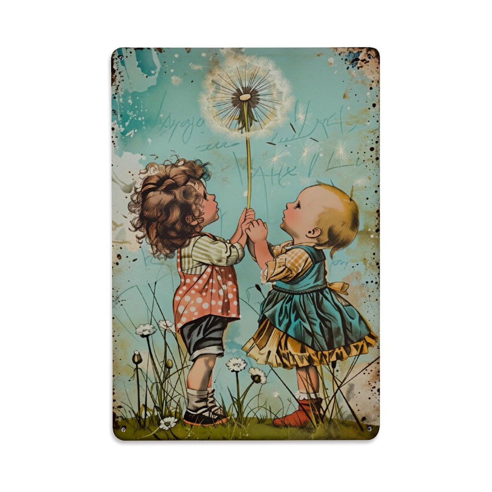 Enderetf Vintage Children Holding Dandelion Together Tin Sign Metal Poster, Home Bar Garage Man Cave Cafe Indoor & Outdoor Wall Decoration 8X12inches