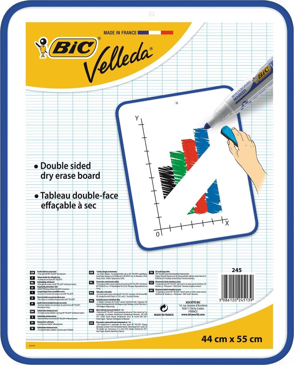 BIC Velleda Pizarra Blanca de Doble Cara (44 x 55 cm) - Marco Azul, Caja de 1 Unidad