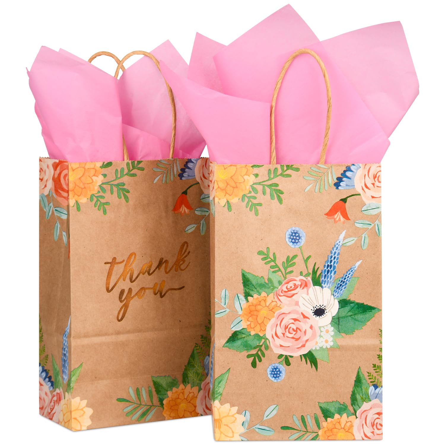 DjinnGlory 25 Pack Small Brown Kraft Floral Paper Gift Bags with Handles and Pink Tissue Paper for Party Goodies, Mother's Day, Thank You Vintage