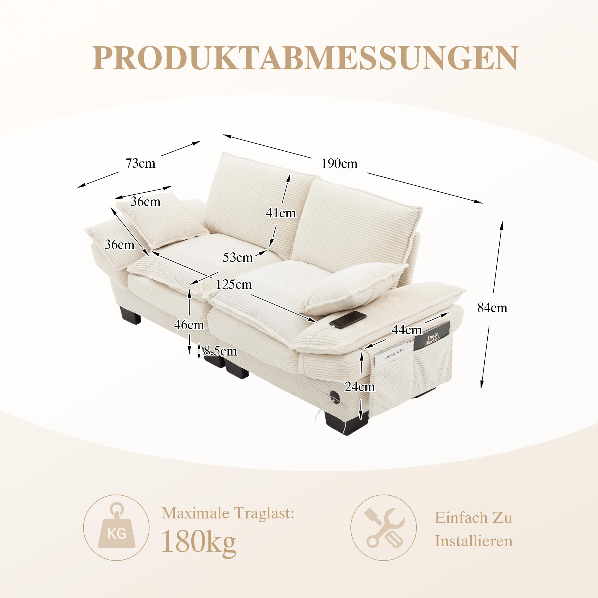 Modułowa sofa 2-osobowa, ergonomiczna szerokość siedziska z przyłączem C, sofa do salonu z bocznymi kieszeniami, do salonu, Corduroy, beżowa