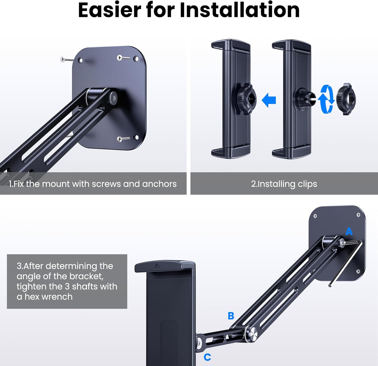 Extended Version Tablet Wall Mount Holder, 15" Aluminium Wall Mount for IPad with 360° Adjustable Rotating Base for iPad Pro Air Mini, Galaxy Tab, All 4.7-13" Phones and Tablets (Long Style)