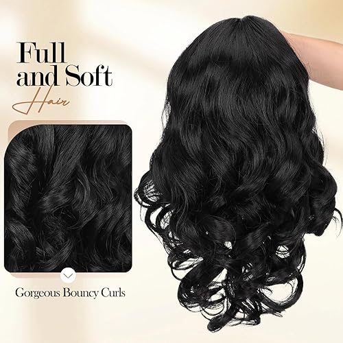 Miniatura 6 de WIGER Pelucas cortas onduladas para mujer, peluca de cabello ondulado negro de 16 pulgadas, raya al medio, longitud del hombro, pelucas cortas