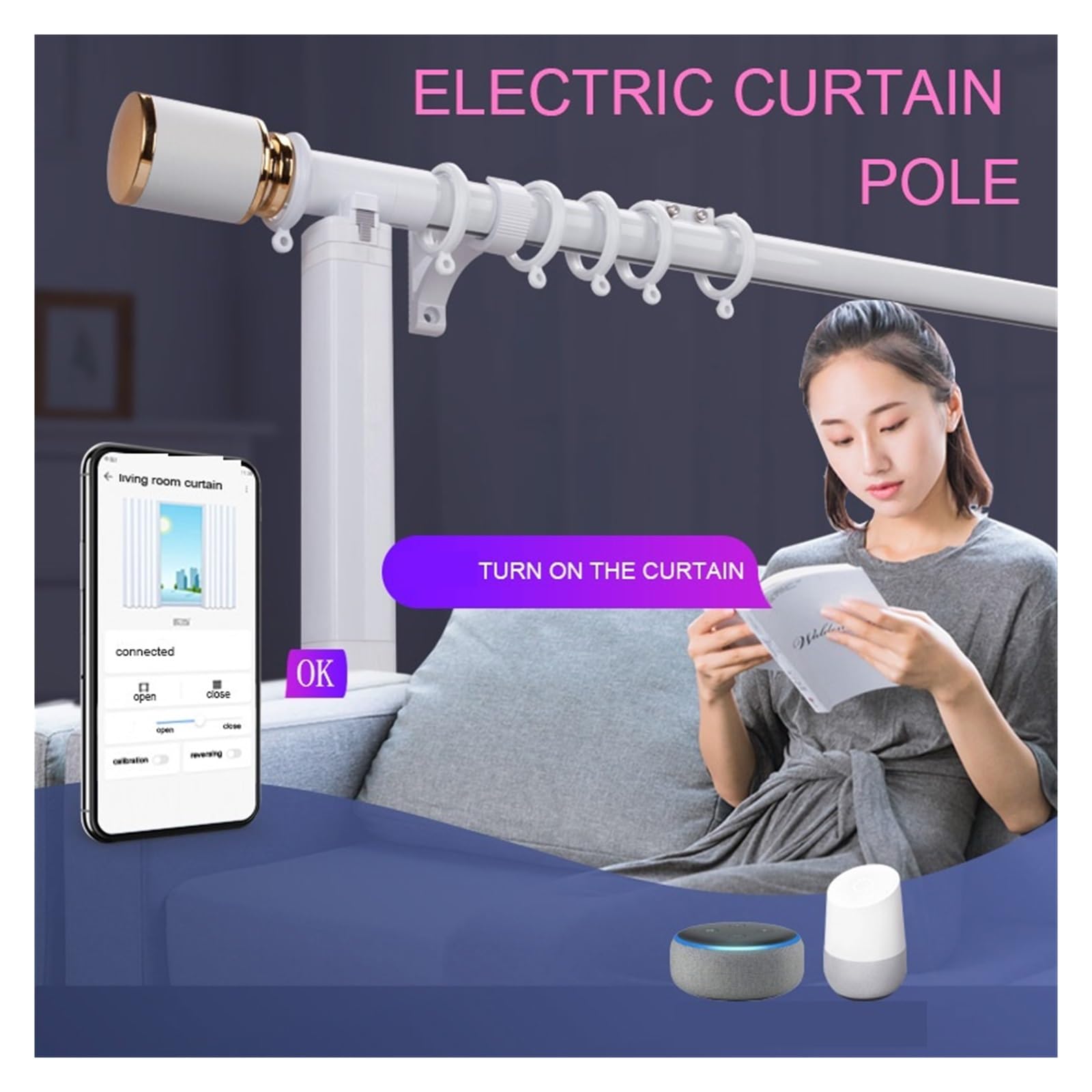 Barra De Riel Simple De Cortina Motorizada con Control Inteligente For Motor Wi-Fi O Recargable con Cable Superior con Ojal(Hard-Wired Model 4,1.5 m or Less)