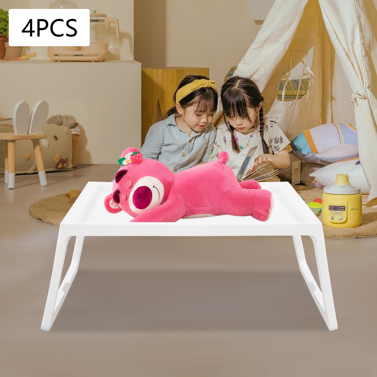 4 tabletas de cama con patas plegables, mesa de cama de plástico blanco, bandeja de desayuno para bandeja de cama, limpieza sin esfuerzo, bandeja de cama con ranura para teléfono móvil,