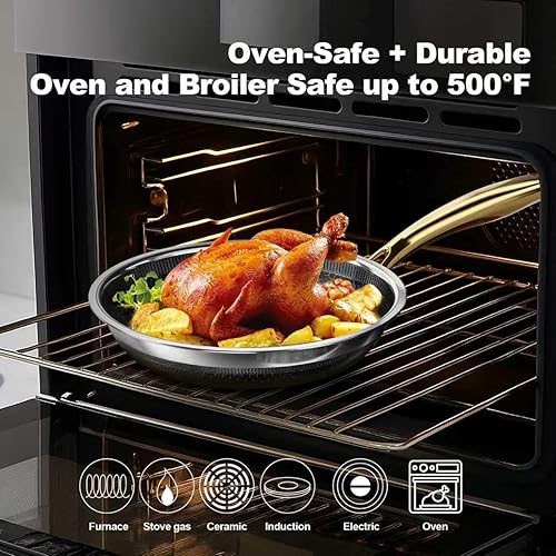 Miniatura 6 de Fogdream Juego de ollas y sartenes de 12 pulgadas, antiadherentes, sartén de acero inoxidable con tapa, apto para lavavajillas y horno, sin PFOA y