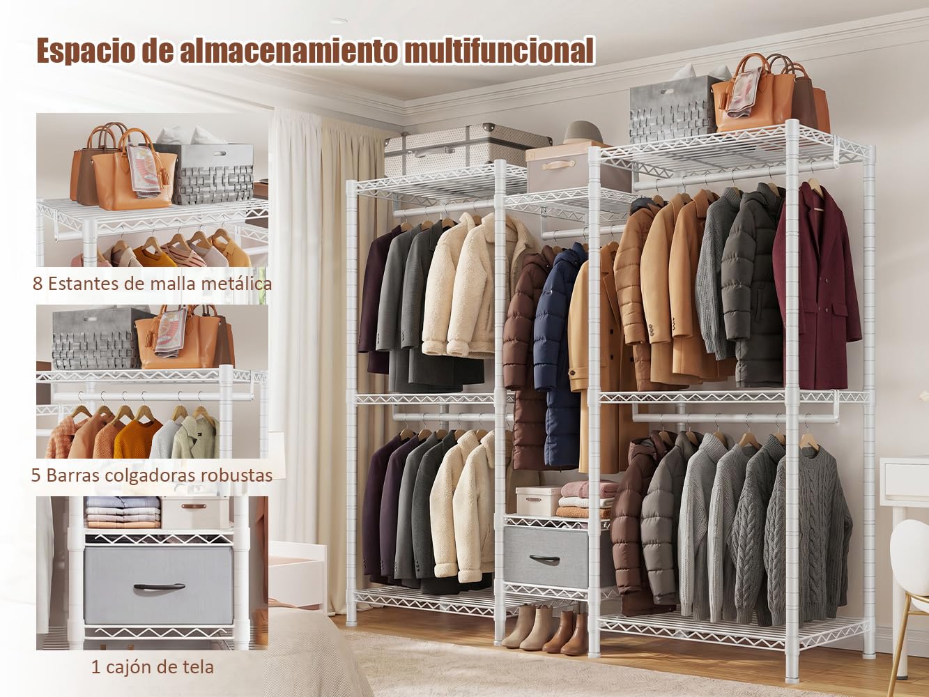 Burro ropa resistente, Armarios dormitorio metálico con 8 estantes regulables en altura, 5 barras para ropa y 1 cajón, 550 KG de carga, Perchero burro ropa, 189x45x194,5 cm, Blanco