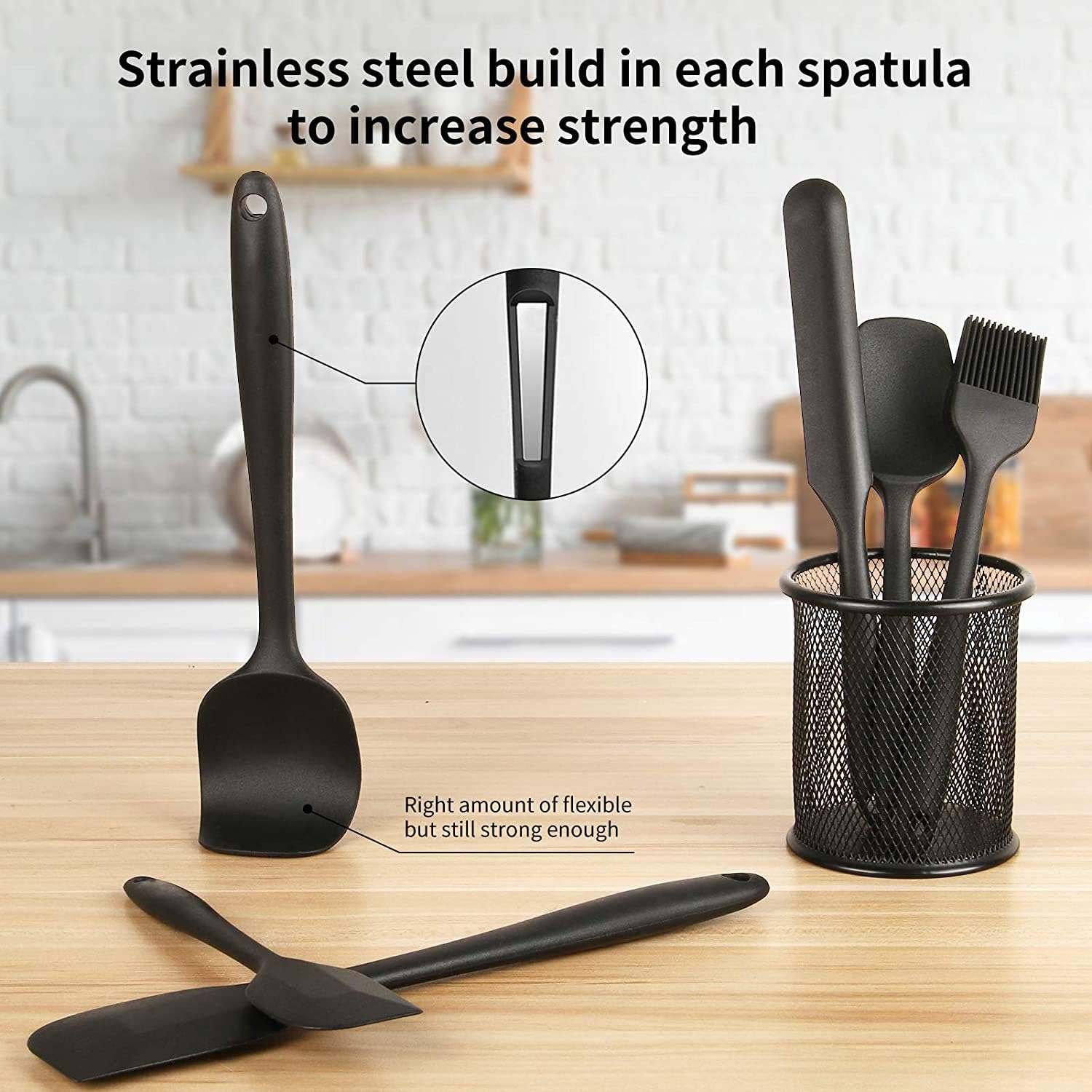 INKULTURE Silicone Spatula Sets of 6 Pcs Made of 100% Food Grade Silicone One Piece Design Seamless Heat-Resistant Spatula Perfect for Spatula Cooking, Baking and Mixing (Black) - Image 6 thumbnail