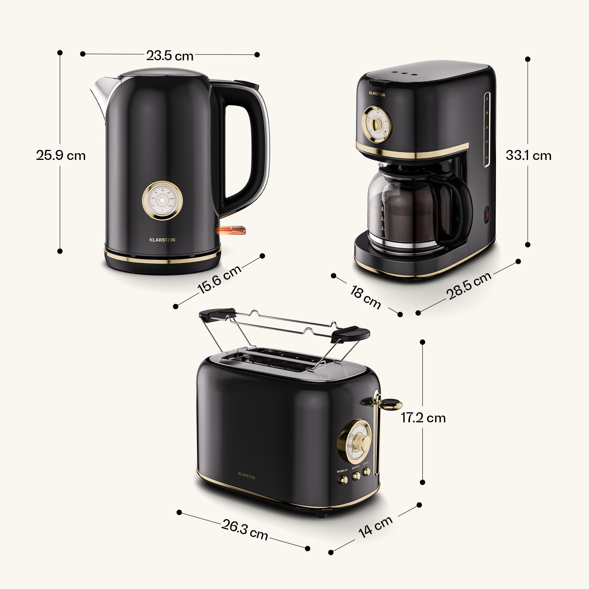 KLARSTEIN Victoria Set Petit-Déjeuner Complet – Grille-Pain 2 Fentes 7 Niveaux, Bouilloire Électrique 1,7L, Cafetière Filtre 12 Tasses, Design Rétro, Noir