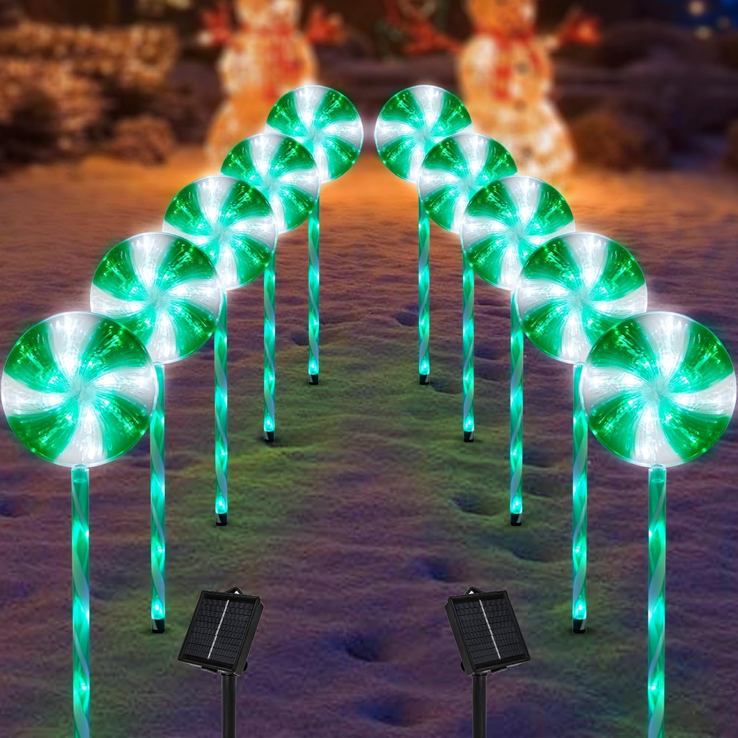 Outdoor Solar Pathway Lights - Set of 10 Lollipop Candy Canes (Green)