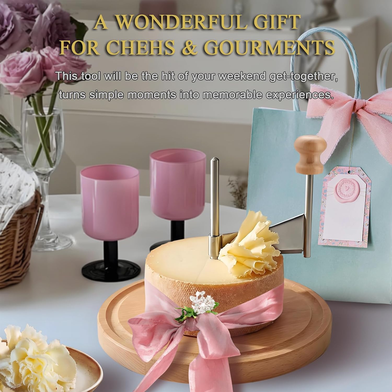 Cheese Curler Wheel, Stainless Steel Cheese Flower Shaver & Maker – Sharp-Bladed Manual Tool for Tête de Moine & Chocolate Butter. Ideal for Restaurants, Cafés, Dessert Shops & Home (O Wooden Base)
