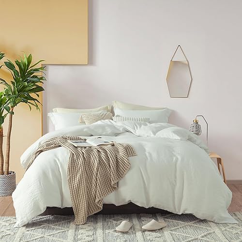 Juego de funda de edredón 100% lino, 3 piezas de lino lavado natural blanco, suave, transpirable, ropa de cama de granja con cierre de cremallera,