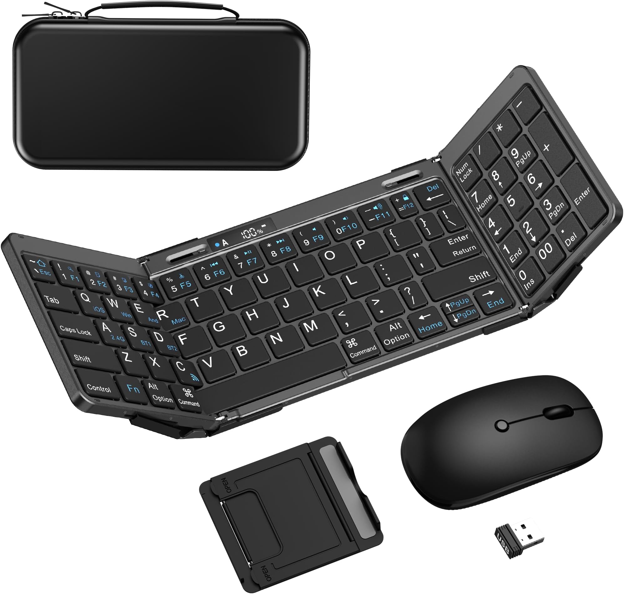 Foldable Keyboard and Mouse, EDJO Folding Keyboard Mouse Combo with Portable Case, 2.4G Wireless & Bluetooth, USB-C Rechargeable Travel Combo for Windows, Mac OS, iOS, Android PC/Laptop/Tablet (Black)