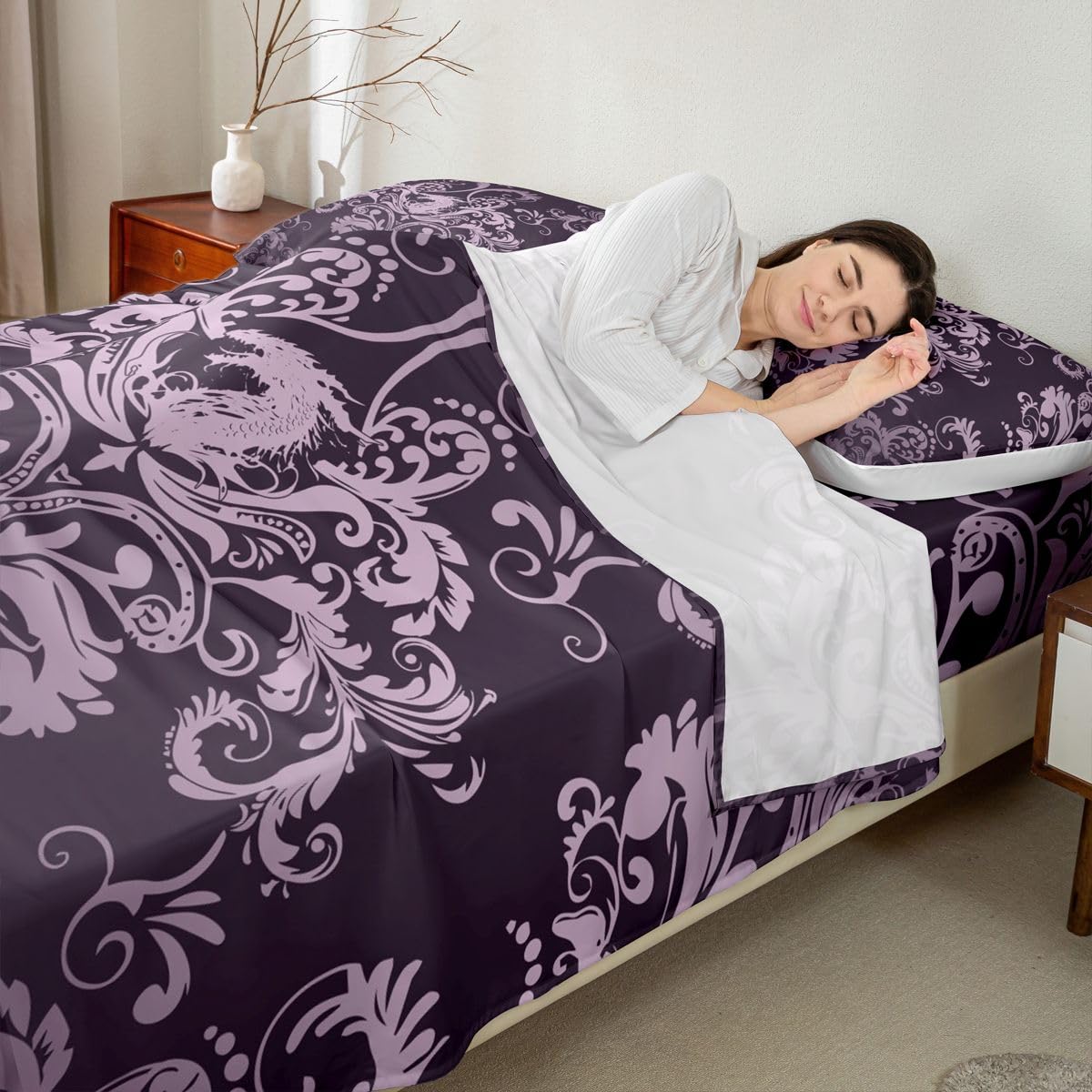 Homewish Fioletowy adamaszek zestaw pościeli podwójny pterozaur smok gotyckie prześcieradła vintage boho kwiatowy zestaw prześcieradeł - antyczne wiktoriańskie prześcieradła wierzchnie 4-częściowy